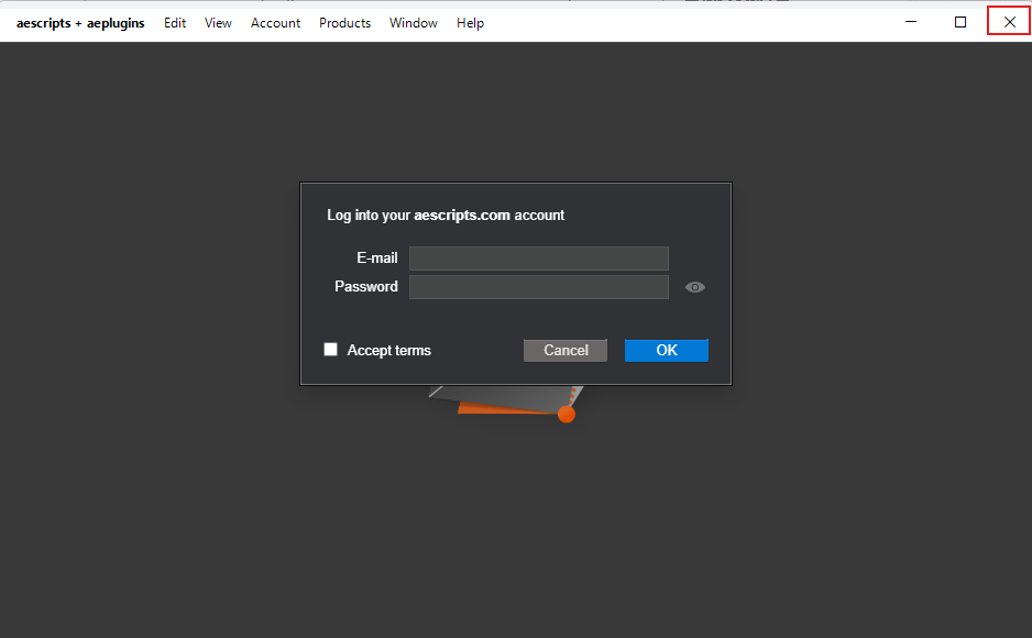 Close the aescripts.com login window in ZXP Installer