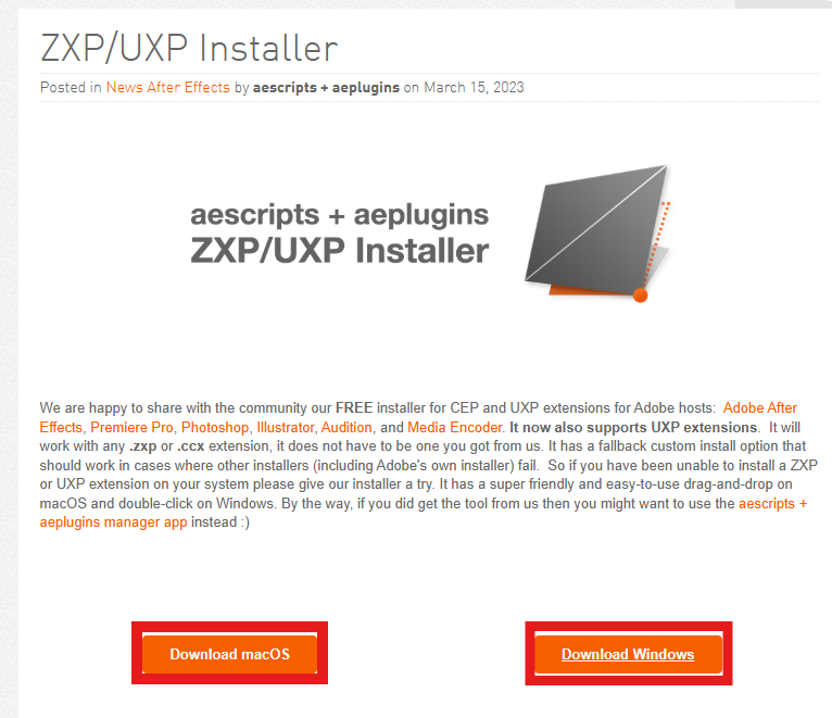 Highlight of the Download button on the ZXP Installer page